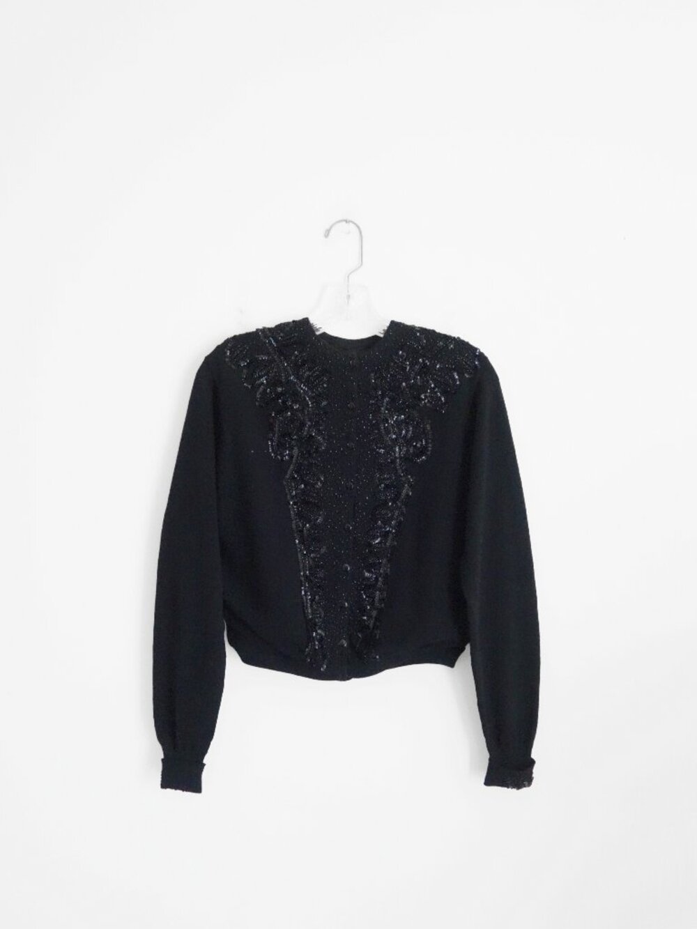 Vtg 60s Pringle of Scotland Black Cashmere Beaded Sequined Cardigan